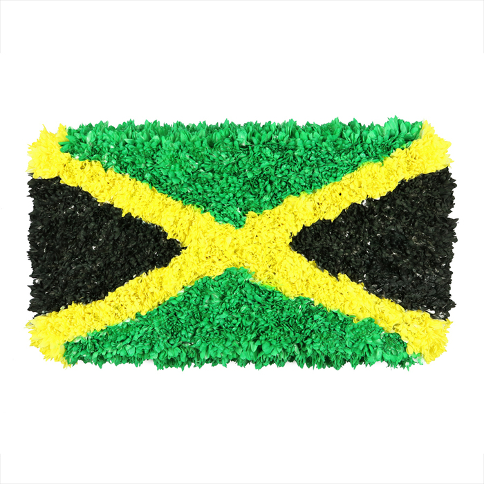 A richly textured reinterpretation of the Jamaican flag, created from densely packed, crinkled fragments of material that evoke a tactile, sculptural art piece. The unmistakable gold saltire runs diagonally, bright and precise, dividing the flag into four triangles. The top and bottom triangles bloom in emerald green, their surfaces a lively mosaic of small green bits that catch the light in varying degrees, like sunlit leaves in a tropical grove. The left and right triangles present deep black tones, their surfaces uneven and velvety, absorbing rather than reflecting light to anchor the composition with quiet authority. The entire piece rests against a crisp white background, so each color and texture pops with clarity. This handcrafted tribute to Jamaica speaks to pride, resilience, and the value of community artistry. It's a wonderful visual for articles on Caribbean culture, storytelling through craft, or local celebrations, and it travels well for events across Bounds Green, North London, and nearby neighborhoods, reflecting the care and precision of a studio rooted in local life.