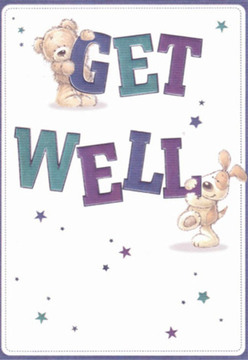 A delightful scene unfolds in this get well card, where a teddy bear and a floppy-eared pup are united in their mission to uplift and heal. Rendered with soft, expressive lines and a tender palette of indigo, teal, and violet, the animals seem to leap from the card in playful motion-just as lively as a spring afternoon in the gardens near Bounds Green station. Bursts of star-shaped accents lightly dot the clean white background, suggesting little sparks of hope and good wishes winging their way through the air. The text, a confident 'Get Well' in painterly purples and deeper aquas, is cradled by the cheerful bear and gently balanced by the puppy, whose affection and gentle humour shine through. There's a sense of quiet comfort, reminiscent of the thoughtful way Bounds Green Flowers crafts arrangements for those needing support-a measured combination of colour, care, and community. Each texture, from the bear's soft fur to the puppy's velvety ears, draws the viewer in, inviting a moment of reassurance. Altogether, the card radiates with the gentle optimism that neighbors along Bounds Green's leafy streets are known for-a bright spot in any period of recovery.