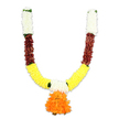 A U-shaped artificial flower garland photographed against a clean white studio background, its design echoing the familiar toran used for doorways and puja altars. The piece begins at the top of each arm with a tightly packed band of creamy white, chrysanthemum-like florets whose soft, downy texture reads like spun silk in the light. Beneath these pale caps sit narrow, russet-brown bands - layered, flattened petal shapes that bring a grounding, earthen contrast as if warmed by terracotta or mahogany tones. From there the garland curves inward into a broad, sunny sweep of densely threaded golden-yellow blooms, the fluffy marigold-like clusters arranged so closely they form a tactile, cushiony ribbon. At the very lowest point, where both arms meet, a generous pendant of ruffled orange petals hangs like a small, ripe pomander; its multi-layered form creates a focal blossom that catches the eye and balances the U-shape. Small bright-green leaf accents are woven where the colour blocks meet, offering both visual punctuation and the sense of fresh foliage between blooms. Under soft studio lighting each colour reads true - creamy, russet, gold and vivid orange - and the artificial fibres suggest a slight satiny sheen and reassuring weight, designed to withstand festival use and repeated handling. As a traditional decorative toran, this garland evokes celebration, devotion and welcome; suitable for Diwali doorways, Ganesh Chaturthi altars, weddings or everyday auspicious display. A local touch: the same durable style is popular along Bounds Green Road and among households near Alexandra Palace, where residents favour reusable festive decor that holds colour and form year after year.