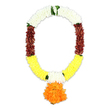 A richly coloured ceremonial mala garland hangs in an elegant oval against a bright white background, its details captured with striking clarity. The top of the garland is formed from thick strands of soft white petals, gathered in dense, fluffy clusters that suggest the purity and calm often associated with spiritual and funeral tributes. Tiny glimpses of bright green leaves are woven between these white sections, evoking the sense of living greenery that softens many homes and places of worship around Bounds Green. As the garland descends, the white sections deepen into strong maroon petals that add a sober, grounded note, much like the steady, reflective tone of a memorial service. Below this, the colours brighten into a generous band of sunny yellow petals that sweep along the lower curve, introducing warmth and a gentle feeling of remembrance filled with gratitude rather than only grief. Nestled within the yellow on both sides are smaller accents of white petals, which create moments of pause and balance, guiding the gaze towards the central focal point. From the base of the garland hangs a large, perfectly rounded pendant made entirely of vivid orange petals, reminiscent of a full marigold pom used in traditional offerings. The overall texture appears plush and voluminous, as though each petal has been carefully positioned by an experienced florist at Bounds Green Flowers preparing a respectful tribute for a farewell ceremony, a temple observance, or a home shrine honouring a loved one with colour, devotion, and grace.