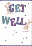 Overflowing with cheerful energy, this illustrated get well card showcases two endearing companions-a soft bear and a spirited puppy-each gently holding vibrant, oversized letters that spell out 'Get Well.' The hues of indigo and teal dance across the words, standing out boldly against a creamy, sunlit background reminiscent of a clear day in Bounds Green. Playful, starlit bursts in shades of blue and purple cluster around the friends, sparkling like the local Christmas lights along Albert Road during the festive season. Every brushstroke in the furry textures adds to the inviting, tactile quality-the bear's velvet-soft body and the puppy's droopy ears radiate warmth and friendliness. The design invites the recipient to pause, breathe, and take comfort, much like receiving a personally crafted bouquet-a gentle comfort so characteristic of Bound Green's close-knit community. Ideal for delivering heartfelt wishes, this card weaves together light, optimism, and a sense of local togetherness, making it the perfect companion for anyone on the road to recovery.