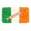 In this image, a rectangular funeral tribute styled as the Irish tricolour is shown from above, laid neatly against a plain white surface that frames it like a picture. The florist has created three equal vertical stripes using tightly massed flowers, giving the entire piece a soft, cushioned feel. On the left, deep green blooms form a dense, even panel, every tiny petal contributing to a velvety effect. At the centre, pristine white flowers are packed together in a clean, unbroken band, suggesting peace, remembrance, and light. On the right, bright orange blooms complete the flag, their warm hue reminiscent of autumn leaves or evening sky, bringing gentle vibrancy to the design. A satin ribbon in a coral-red shade sweeps diagonally across the white and orange sections, travelling from the bottom left up towards the top right, adding both movement and grace. The word GRANDAD is printed prominently along the ribbon in silver block capitals, highly legible and reflective, standing as a clear, loving dedication. Small white pins or pearl-like details anchor the ribbon in place, hinting at the careful, steady hands that arranged it. The tribute would be fitting for an Irish grandfather whose life is being honoured in Bounds Green, perhaps on a final journey through local streets he once walked. The design balances solemn respect with heartfelt pride in Irish heritage, and you can almost sense the quiet murmur of family and friends nearby, the gentle scent of fresh flowers mingling with shared stories and soft goodbyes.