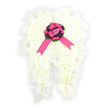 A serene angel wings funeral arrangement fills the frame, its entire form composed of soft white flowers and delicate feathers that seem to hover against the pure white backdrop. The wings spread out gracefully on either side, each one meticulously shaped from tightly clustered white chrysanthemums or spray carnations, giving the impression of velvety down and quiet strength. The petals overlap like tiny feathers, creating layers of texture that catch the gentle light and enhance the sense of depth. Along the outer edges, airy white feathers are skilfully threaded into the design, their fine strands and slightly ruffled tips echoing real plumage and adding an ethereal glow around the silhouette. At the centre, where the two wings meet in a tender curve, a circle of dark purple blooms or foliage forms a rich, shadowed base that draws the eye. Sitting proudly on this dark halo, a glossy fuchsia satin bow unfurls, its loops plump and polished, with long ribbons cascading downward like a final blessing. Nestled securely in the heart of the bow is a single pale pink rosebud, its soft colour and closed form suggesting innocence, youth, or a love that is held gently and never forgotten. The composition is peaceful yet emotionally resonant, ideal for a funeral or memorial service in Bounds Green or nearby communities, perhaps placed beside a casket or memorial photograph. As a tribute, it offers a visual message of purity, protection, and the comforting idea that the departed is watched over by unseen wings in their onward journey.