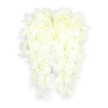 This photograph shows a pair of angel wings lovingly created from snowy white flowers and soft feathers, arranged to appear almost as if they are poised for flight against a white background. Each wing is broad at the top and narrows gracefully to a tapered tip, edged all around with downy white feathers that fan out in soft curves. The feathers form a gentle, feathery halo, their fine filaments overlapping so delicately that they seem to blur into a soft mist at the very edges. Inside this border, hundreds of tiny white blossoms-predominantly mini chrysanthemums tightly packed together-compose the inner surface of the wings. The flowers sit so close that they form a continuous, cushion-like expanse, with petals layered upon petals to create a plush, cloudlike effect. From some of the flower centres, faint hints of pale green or light butter-yellow emerge, adding dimension without disturbing the overall purity of the white design. Subtle lighting from above and slightly to one side picks up the textures, casting gentle shadows that emphasize the sculpted shape and make the wings appear truly three-dimensional. As a florist serving the Bounds Green community, I think of this design resting quietly at a funeral service in a local church or being delivered to a family home near the open spaces around nearby parks, offering a visual whisper of comfort. The tribute feels calm and reverent, a floral representation of guardianship and peace. Even without fragrance, you can almost imagine a delicate, clean scent accompanying this arrangement, wrapping the space in a sense of grace and remembrance.