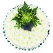 A round funeral cushion is captured from a top-down angle, completely filling the frame and set against a plain white background that emphasises its calm simplicity. The base of the tribute is made from a dense blanket of small white chrysanthemums, their many layered petals touching edge to edge so that they resemble a soft, snowy pillow. Each bloom carries a tiny green-yellow centre, giving the surface a gentle, living glow and stopping the white from feeling cold. Along the outside of the circle, a rich emerald green satin ribbon has been precisely folded into pleats, creating a scalloped trim that crisply outlines the tribute and adds a refined touch. At the upper section of the cushion, a compact cluster of green flowers and foliage forms the focal point. Here, a bright lime spider chrysanthemum unfurls its thin, curling petals in a starburst, surrounded by polished apple-green Hypericum berries and layers of deep green leaves. Finely textured fern fronds arc outwards, softening the outline and bringing a sense of movement and natural growth. Tucked into this greenery, two spiky Scottish thistles in muted blue-violet stand proudly, their rounded, bristling heads offering dramatic contrast in both colour and texture. The overall mood is peaceful and dignified, as if this tribute is ready to be placed at a service in one of the quiet streets around Bounds Green. It feels like a tender, carefully considered expression of sympathy, suitable for remembering a life with grace, respect, and a hint of personal heritage.